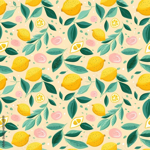 Decorative seamless pattern with lemons and leaves on a yellow background.