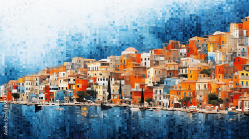 Landscape of a Mediterranean town on a hot summer afternoon, view from the sea. Mosaic tapestry style. photo