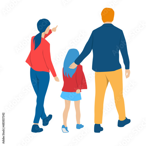 Family set, man, woman and daughter, different colors, back view, cartoon character, group of walking business people silhouettes, flat icon design concept isolated on white background