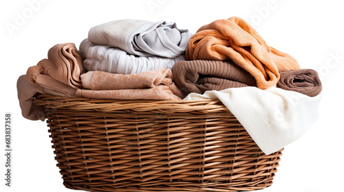 Wicker Basket With Clean Laundry. Isolated on Transparent background.