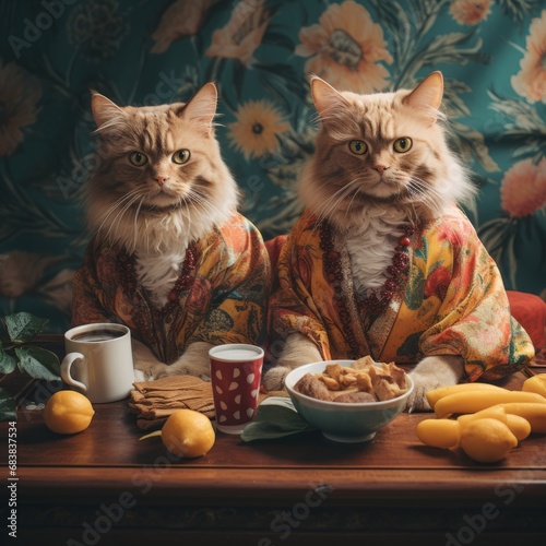 two cats wearing robes sitting at a table with food and fruits © Aliaksandr Siamko