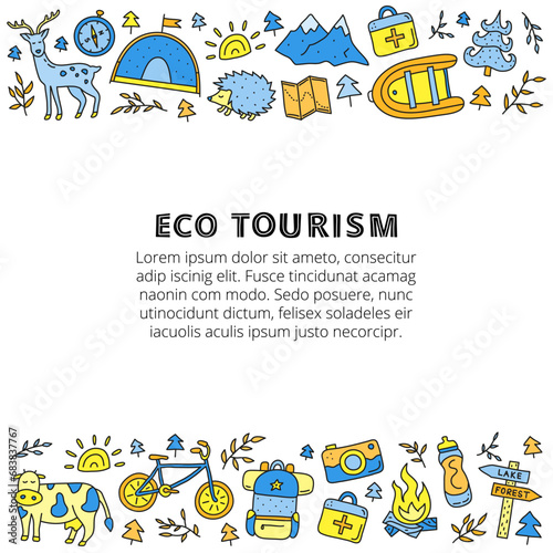 Poster with lettering and doodle colored eco tourism icons.