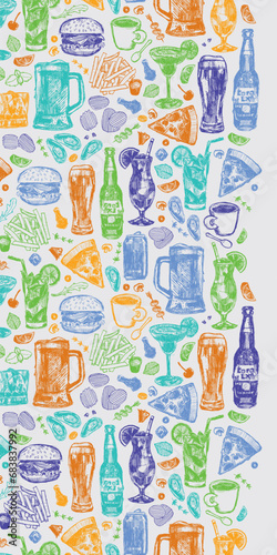Vector bar cocktails alcoholic drinks and food repeat vertical border pattern. Suitable for wall murals, nightclub and restaurant menu design