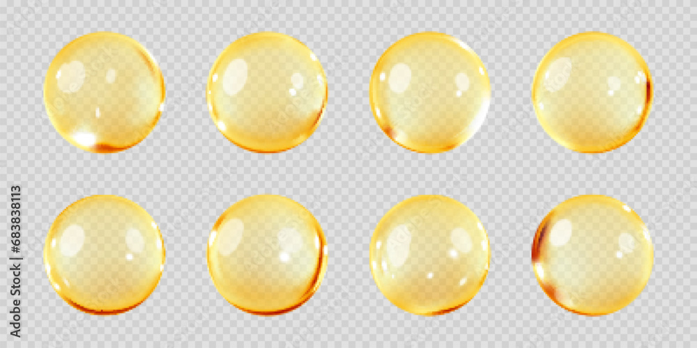 Gold oil bubbles isolated on transparent background. Cosmetic vitamin capsule or omega 3 oil capsule. Serum of collagen essence. Cosmetic and personal care concept. Vector realistic - obrazy, fototapety, plakaty 