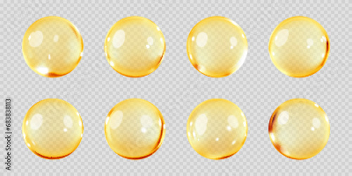 Gold oil bubbles isolated on transparent background. Cosmetic vitamin capsule or omega 3 oil capsule. Serum of collagen essence. Cosmetic and personal care concept. Vector realistic photo