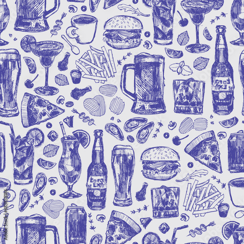 Vector bar cocktails alcoholic drinks and food seamless repeat pattern with light background. Suitable for textile, nightclub menu and wallpaper.
