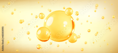 Golden oil bubbles, liquid collagen or serum. Skin care cosmetic product texture or clear essence. Concept skin care cosmetics solution. Vector realistic illustration