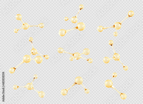 Set of gold oil molecule or atom. 3D abstract molecular structures isolated on transparent background. Beauty science skincare molecular concept. Vector 3d illustration