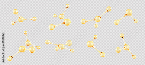 Fototapeta Naklejka Na Ścianę i Meble -  Set of gold oil molecule or atom. 3D abstract molecular structures isolated on transparent background. Beauty science skincare molecular concept. Vector 3d illustration