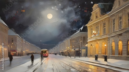Oil painting of a old euraopean 19th century style city in winter at night with bright moon in the sky photo