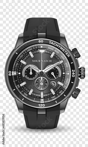 Realistic watch clock chronograph black steel leather strap dark grey white on checkered design classic luxury vector
