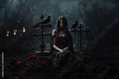 lady in black dress sitting on grave with raven and candles