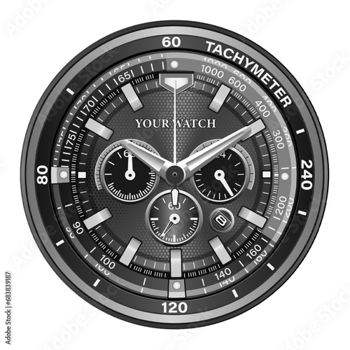 Realistic black silver clock watch face chronograph luxury on white background vector