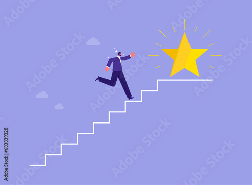Steps to Success, achievement or opportunity, accomplishment or career development concept, businessman climbing up steps to get the star