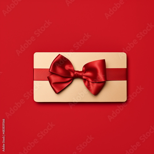 Blank gold gift card with red ribbon bow isolated on red background