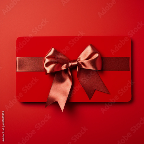 Blank red gift card with red ribbon bow isolated on red background