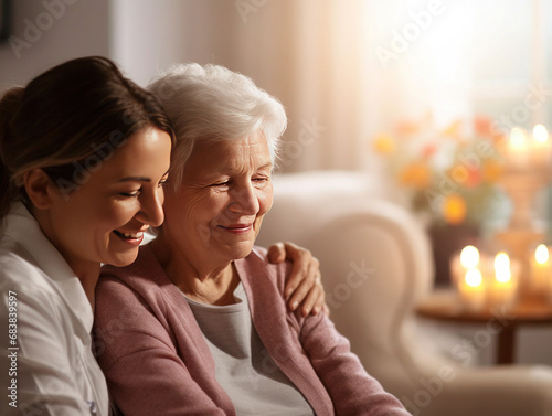 female caregiver taking care of elderly woman at home.Generative ai photo