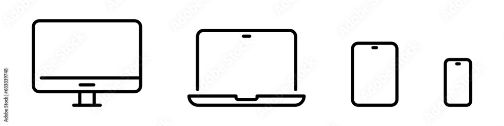 Device and technology line icon set. Electronic devices and gadgets. Computer monitor, smartphone, tablet and laptop sumbol collection Device and technology line icon set. Electronic devices and gadgets. Computer monitor, smartphone, tablet and laptop sumbol collection