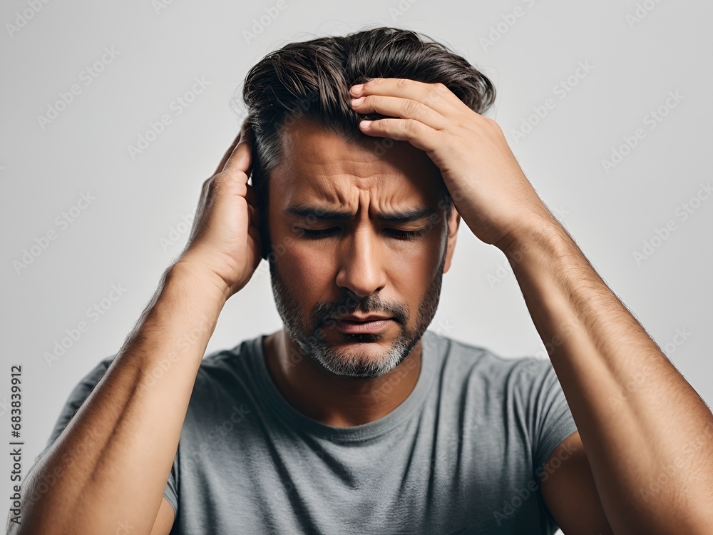 A adult man with migraine headache holding his head having pain. isolated on white background. studio photo.

