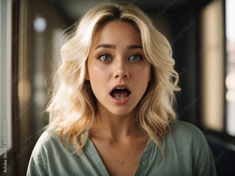 A Beautiful Blonde Woman Expressing Surprise And Shock Emotion With Her Mouth Open And Big Wide