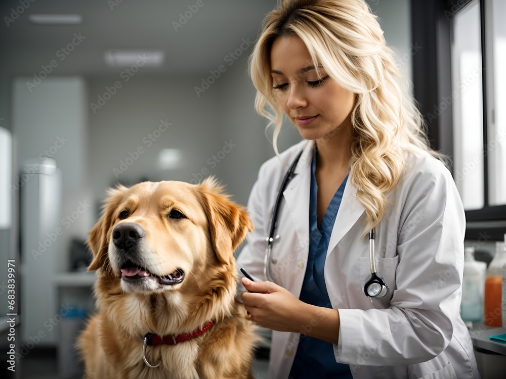 A beautiful female vet nurse doctor examining a cute happy golden