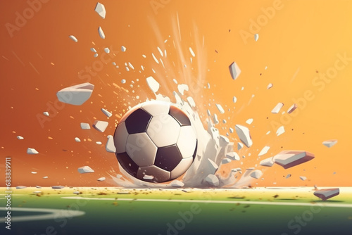 Soccer ball breaking through the ground with a lot of dust. 3d illustration