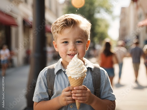 A beautiful cute young white American baby kid child boy model guy holding and eating a gelato ice cream in a cone outside in a city on a sunny summer day. blurred background.  