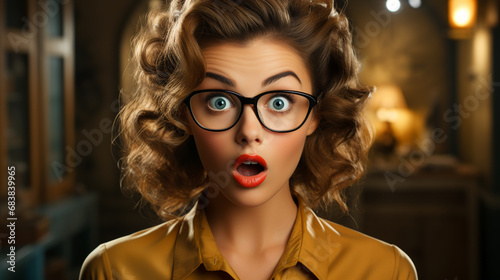 50s pin up style woman with surprised face. Young girl wearing mustard color shirt and with surprised gesture. Conceptual image of admiration, astonishment, surprise, fascination, impression, shock. photo