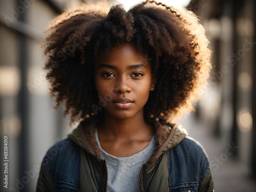 A closeup photo portrait of a beautiful young black African afro American model teen girl looking forward.  © John Vogia