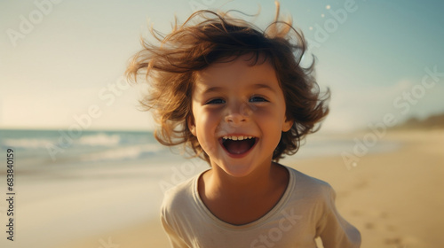 happy smiling laughing child playing on defocused bokeh beach background