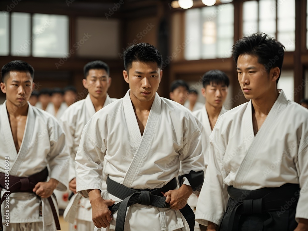 A karate Asian martial art training in a dojo hall. young man wearing white kimono and black belt fighting learning, exercising and teaching. students watching in the background.

