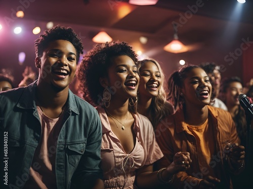 A group of diverse young friends singing at a karaoke party in a night club, laughing and having fun together. 