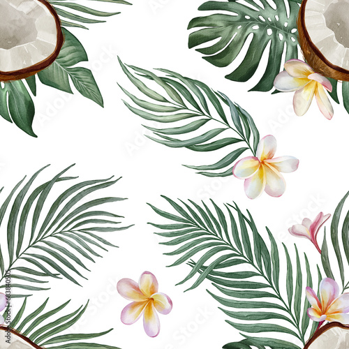 Seamless floral pattern with palm leaves and coconuts hand-drawn painted in watercolor style. The seamless pattern can be used on a variety of surfaces, wallpaper, textiles or packaging
