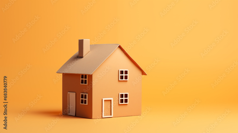 house made of cardboard packed boxes isolated on yellow background. concept of changing housing, moving, buying a house, real estate, renovation. copy space house made of cardboard packed boxes isolated on yellow background. concept of changing housing, moving, buying a house, real estate, renovation. copy space