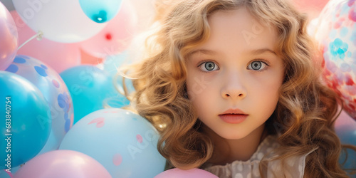 portrait of a child with big blue eyes, surrounded by pastel balloons, natural light