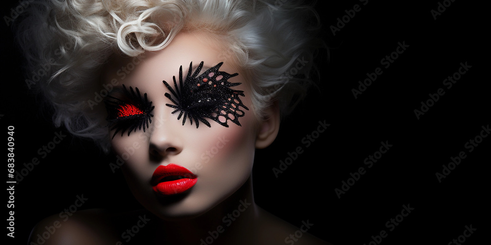Fototapeta premium female portrait, bold red lipstick, avant-garde hairstyle, butterfly lighting for glamorous skin