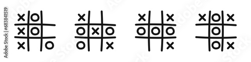 Tic tac toe game illustration. Doodle tic tac toe templates. Tic tac toe game icons set.