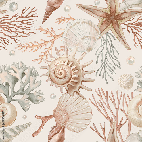 Seamless pattern with seashells and corals hand-drawn painted in watercolor style. The seamless pattern can be used on a variety of surfaces, wallpaper, textiles or packaging 