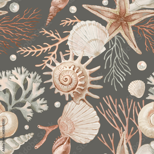 Seamless pattern with seashells and corals hand-drawn painted in watercolor style. The seamless pattern can be used on a variety of surfaces, wallpaper, textiles or packaging
