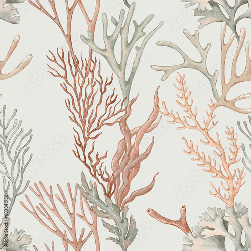 Seamless pattern with seaweeds and corals hand-drawn painted in watercolor style. The seamless pattern can be used on a variety of surfaces, wallpaper, textiles or packaging 