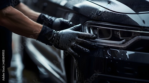 mechanic hands wearing black gloves, giving thick foam wash with a sponge to car, in a modern garage © Oleksiy