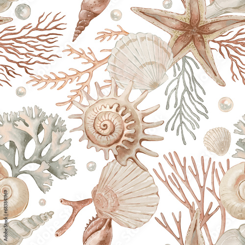 Seamless pattern with seashells and corals hand-drawn painted in watercolor style. The seamless pattern can be used on a variety of surfaces, wallpaper, textiles or packaging
