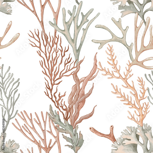 Seamless pattern with seaweeds and corals hand-drawn painted in watercolor style. The seamless pattern can be used on a variety of surfaces, wallpaper, textiles or packaging 