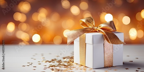 Festive elegance. Glimpse of christmas magic with thoughtfully wrapped gift box shiny ribbon and bokeh lights perfect for holiday celebrations © Bussakon