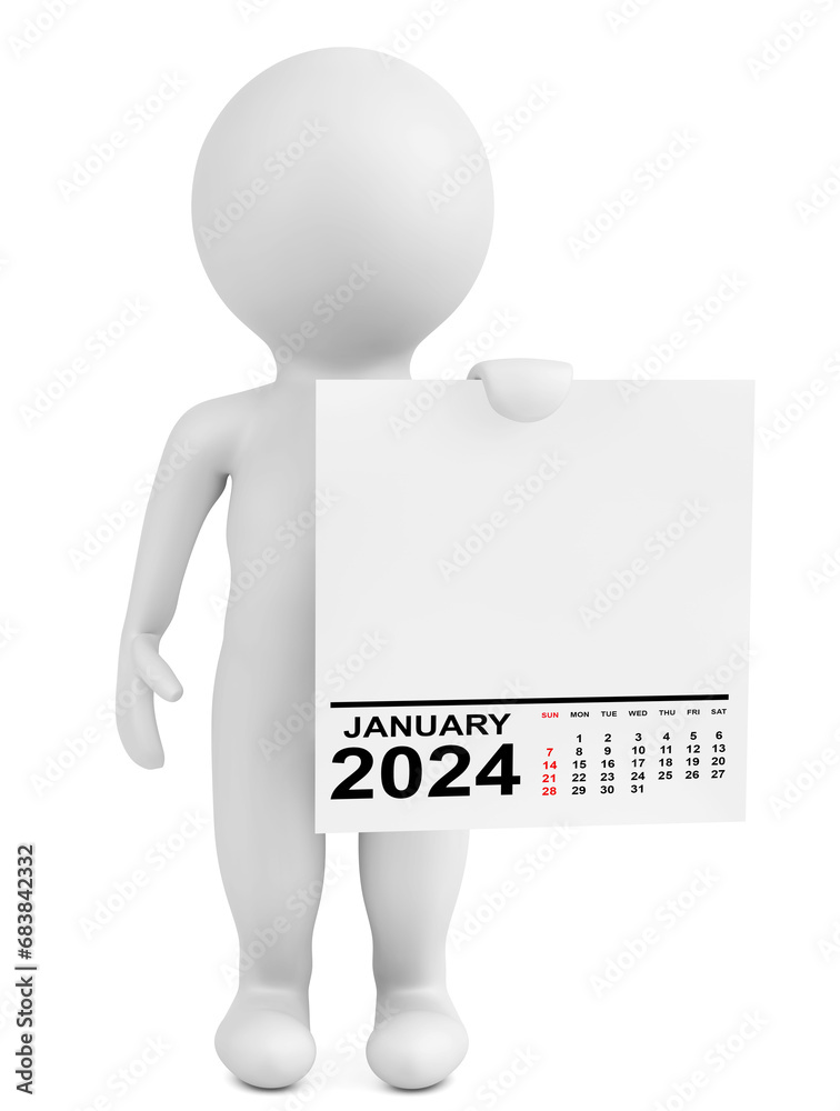 Character Holding Calendar January 2024 Year. 3d Rendering Character Holding Calendar January 2024 Year. 3d Rendering