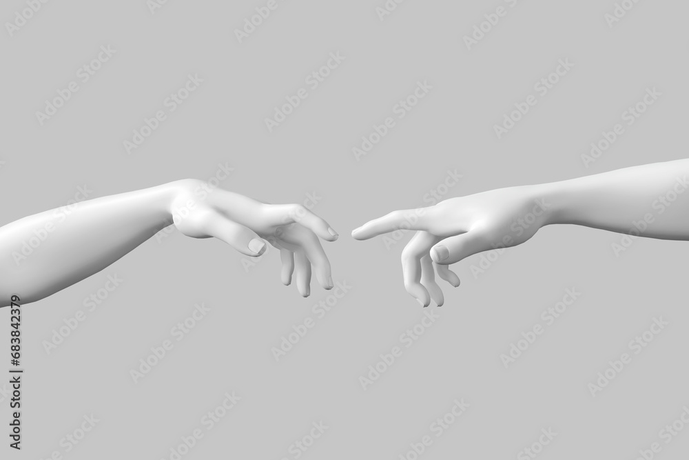Hand to Hand. Abstract Imitation of Michelangelo's the Creation of Adam. God and Adam Hands. 3d Rendering - obrazy, fototapety, plakaty 
