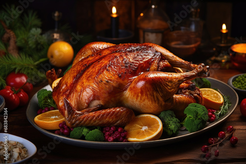 grilled turkey for Thanksgiving. Thanksgiving turkey dinner. Turkey with vegetables and fruits on a plate , a festive dish,
