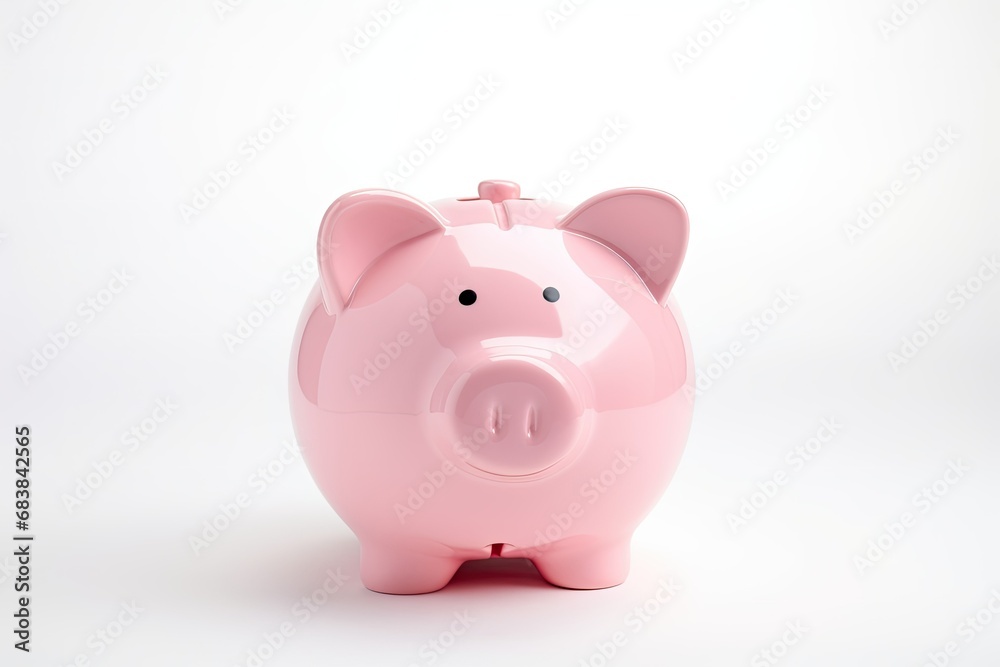 Glossy Pink Ceramic Piggy Bank on White Background

