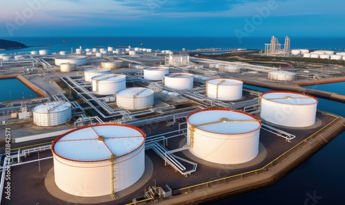 Aerial view oil and gas terminal storage tank farm,Tank farm storage chemical petroleum petrochemical refinery product, Business commercial trade fuel, Generative AI 