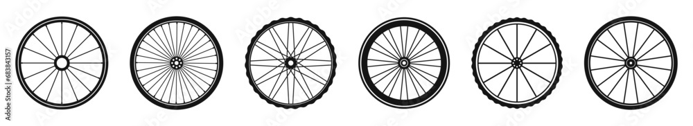 Bike wheel vector icons. Bicycle wheel silhouettes.